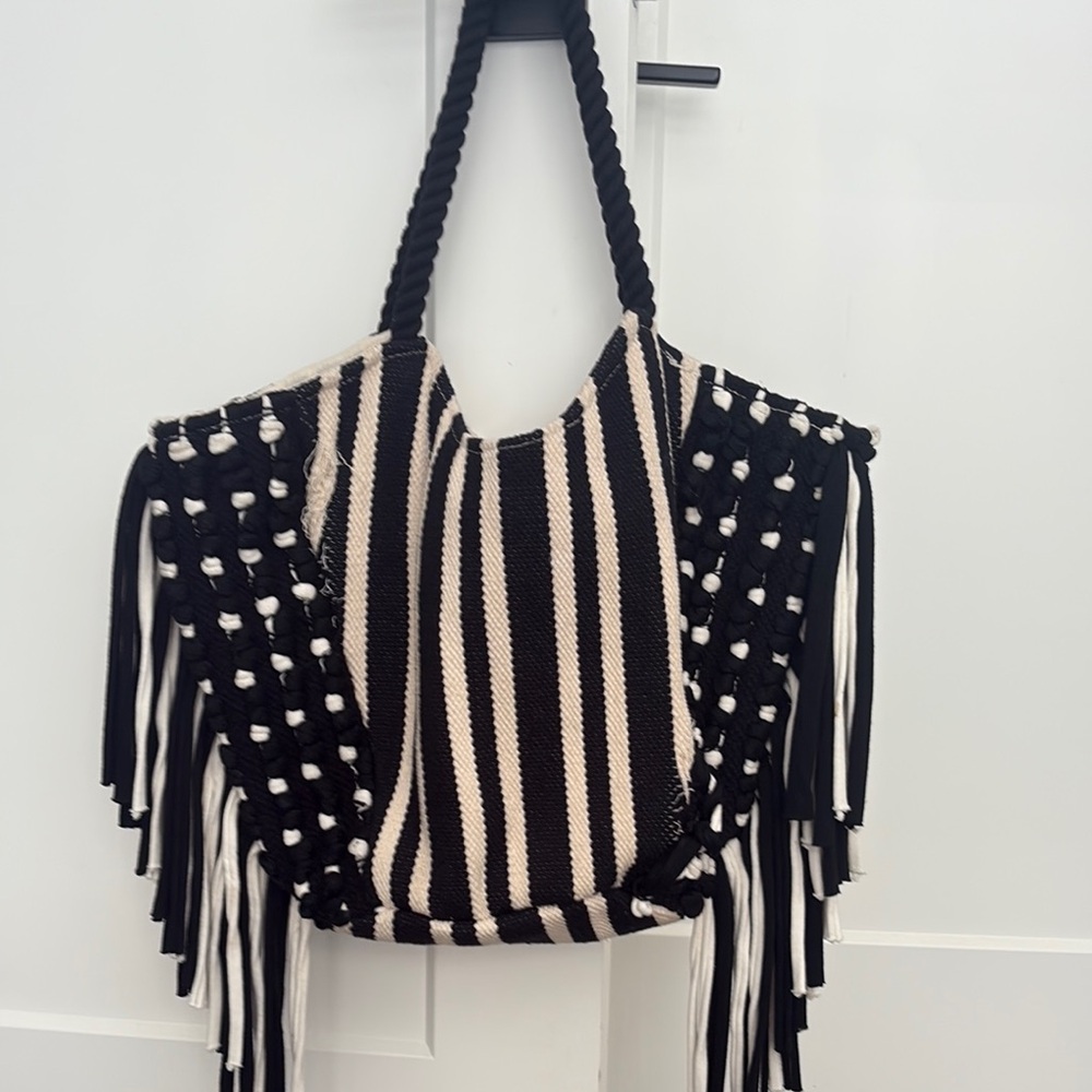 Black and White Striped Fringe Tote Bag